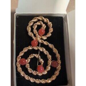Avon Vintage Cabochon Pin Brooch Brushed Gold Red Chunky Signed 1980s NIB